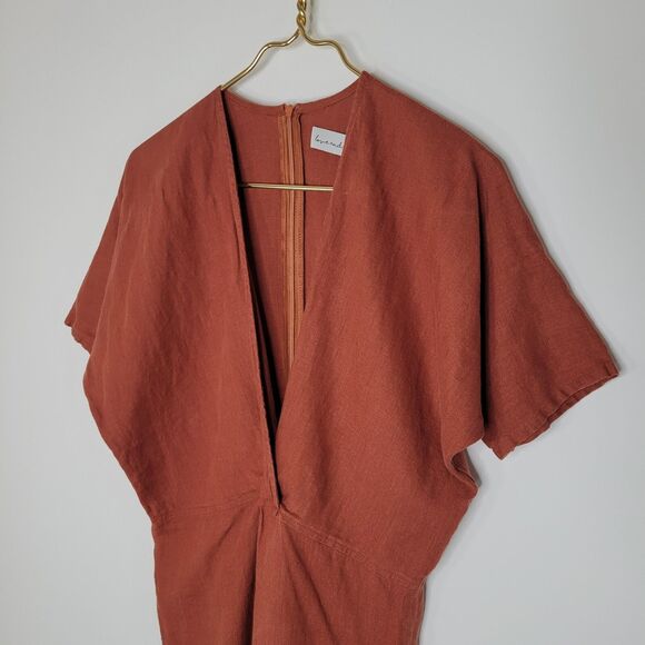LOVE & CONFUSE Rust Brown Linen Jumpsuit Size S Surplice Back Zip Cropped Boho - Picture 5 of 9